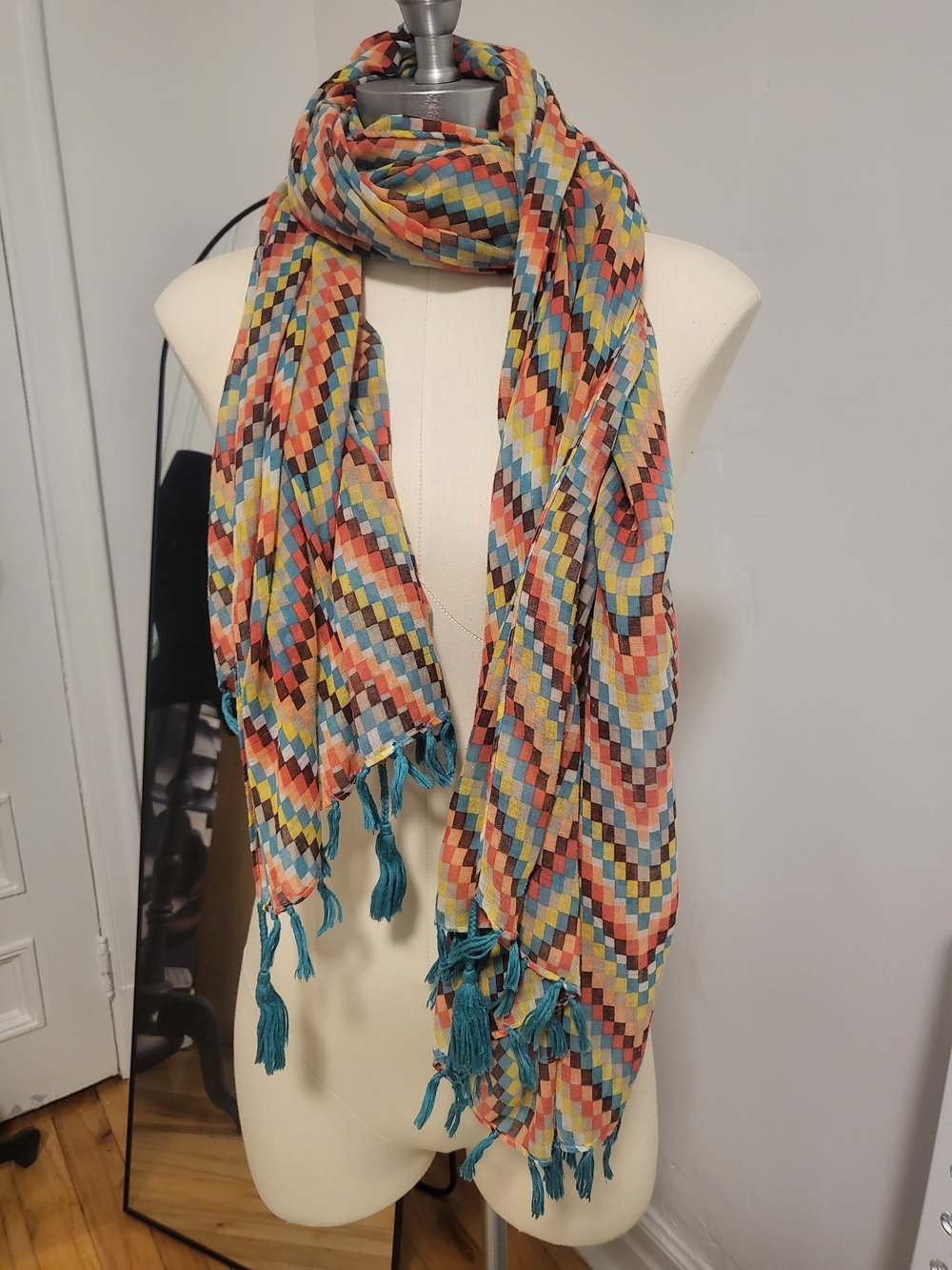 Multi-Color Geometric Pattern Lightweight Scarf with Teal Tassels